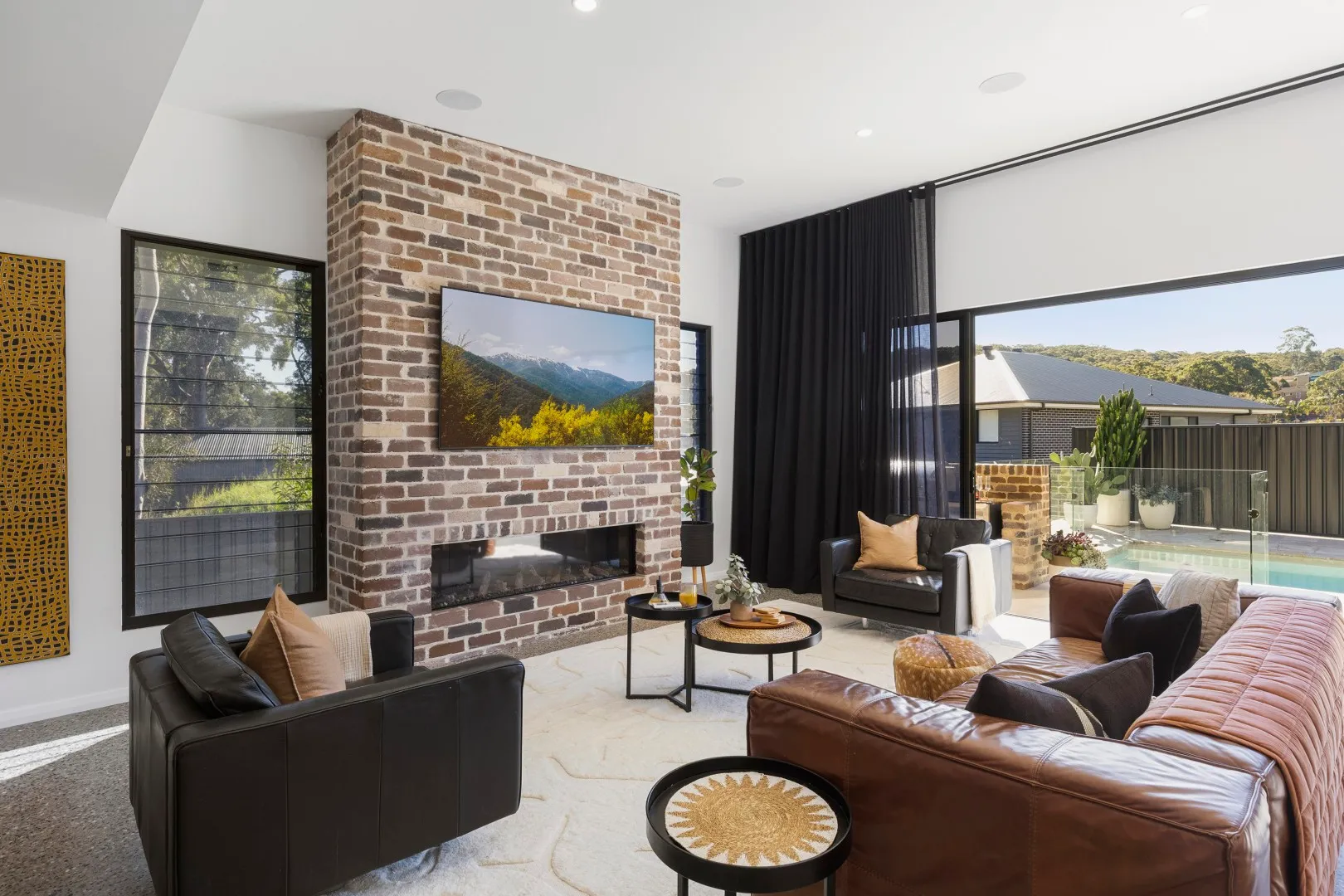Recycled-brick feature wall and gas fireplace